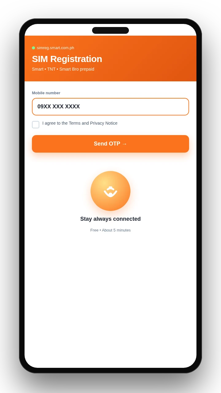 Phone mockup of the SIM registration form