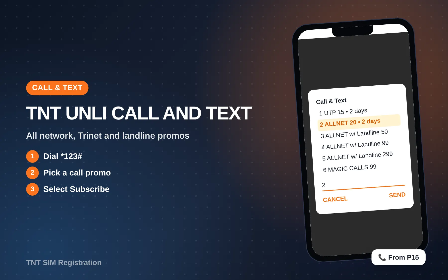 TNT unli call and text promos listed in the *123# menu