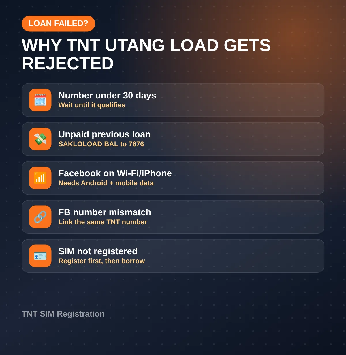 Why a TNT utang load request fails: number under 30 days, unpaid loan, Facebook on Wi-Fi or iPhone, number mismatch, unregistered SIM